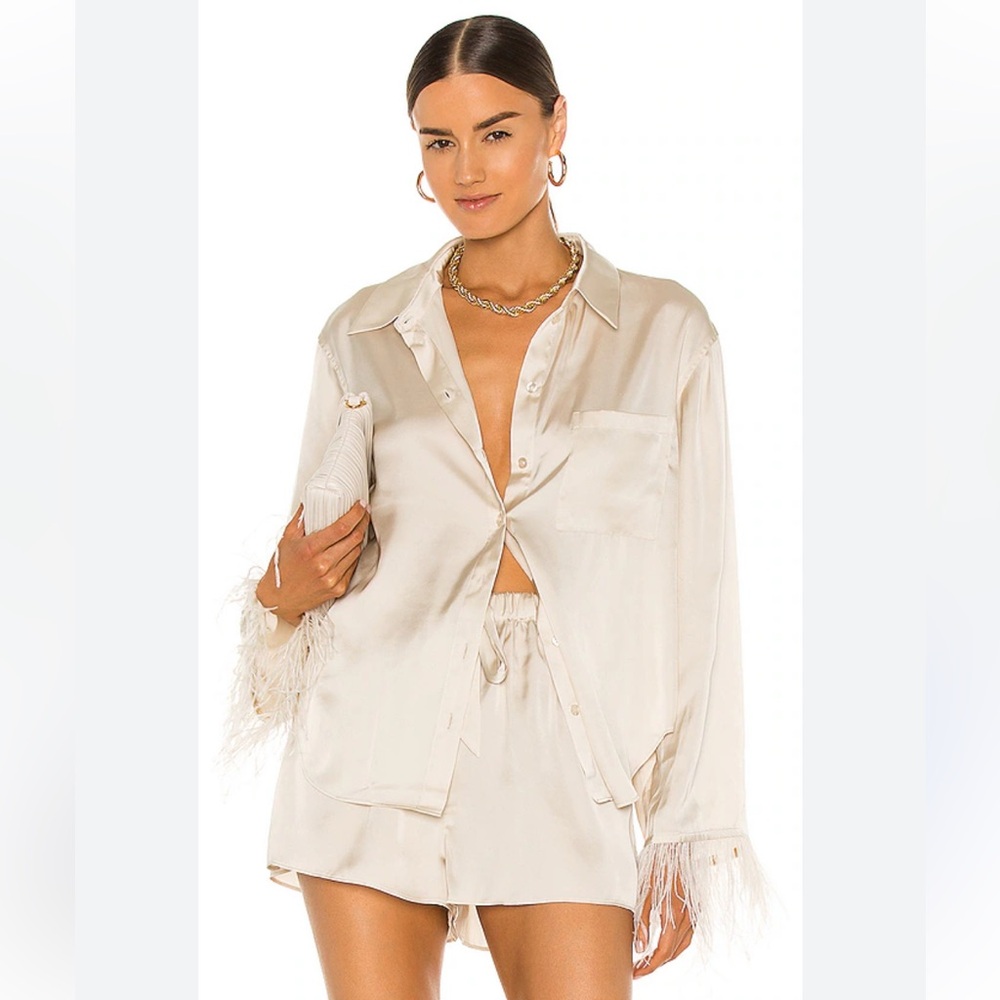 L'Academie The Michelle Blouse in Ivory Satin Top Feather Trim size XS